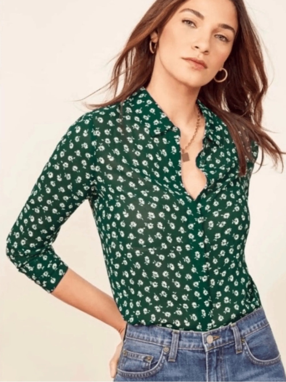 Reformation Violet Blouse Green Daisy Floral Button Front XS